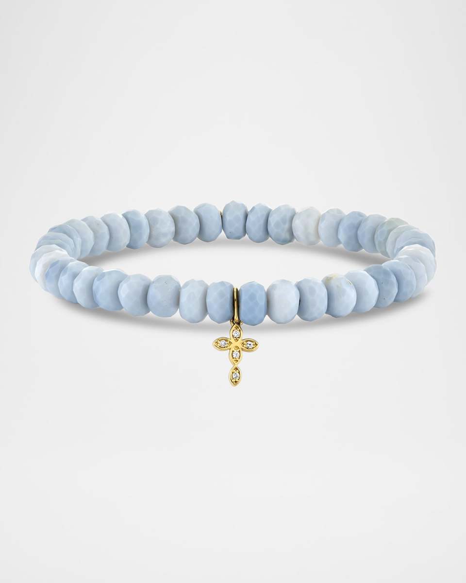 Small Marquise Eye Cross Charm Blue African Opal Bead Bracelet